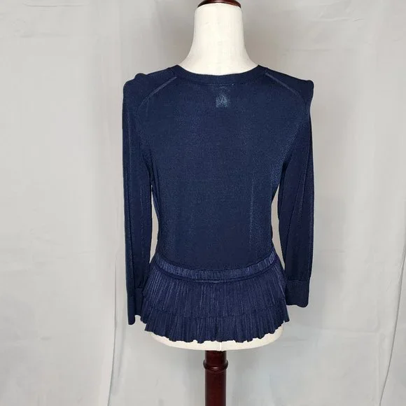Oscar de la Renta Navy Button Front Ruffle Hem Cardigan Size: L - Picture 10 of 16